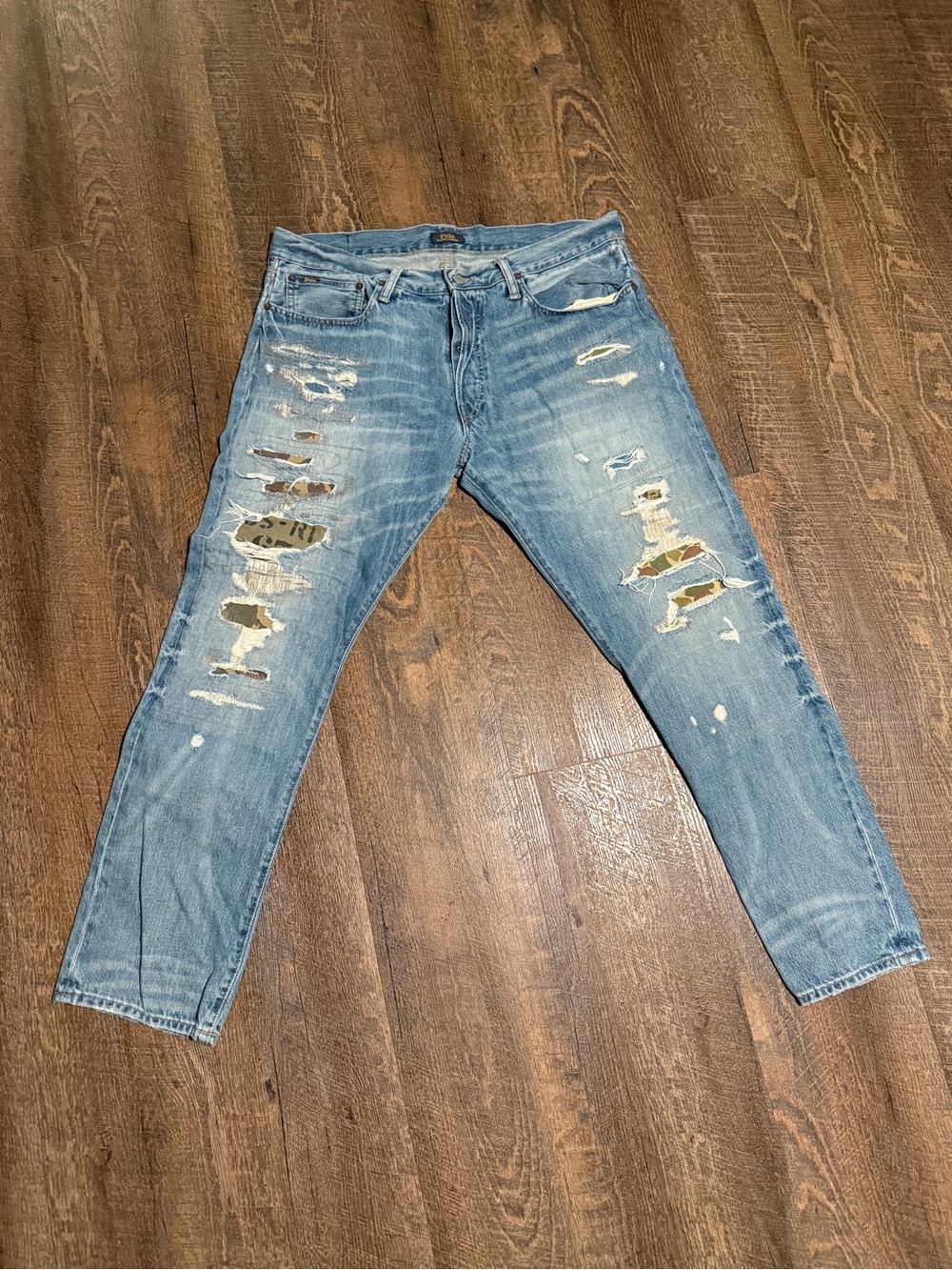 Ralph Lauren Light Blue Distressed Slim Straight Jeans Camo 35x30